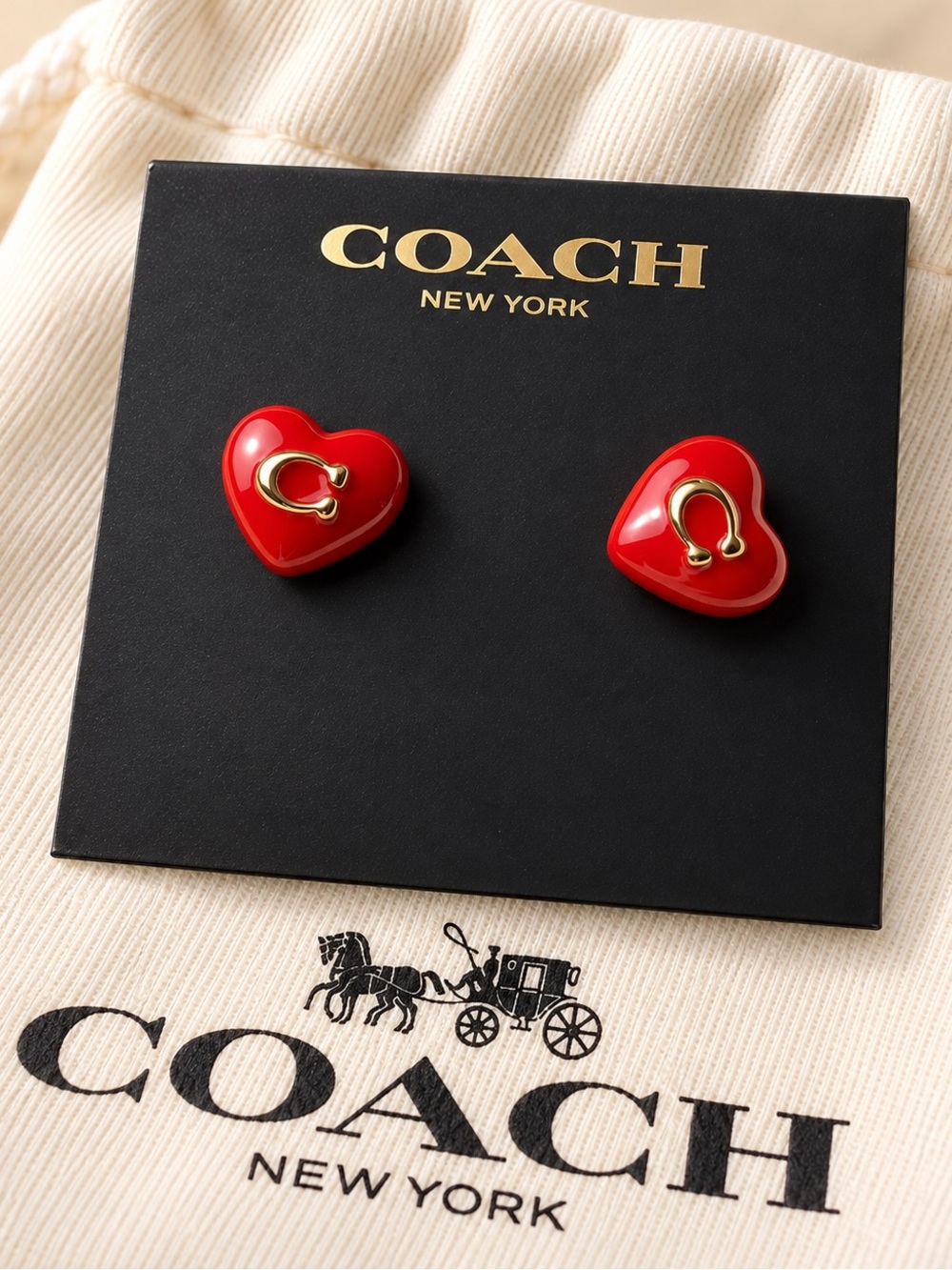 Coach Red Heart Enamel Stud Earrings with Gold-Tone C Logo